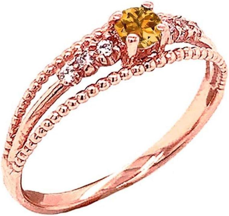 Certified 10k Gold Genuine Citrine and Diamond Modern Engagement/Promise Double Rope Ring