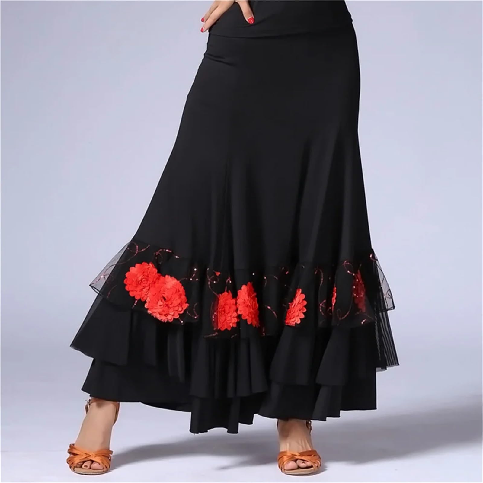 Vestido de práctica salón flamenco for mujer, ropa danza del vientre española elegante con lentejuelas, bordado flores, volantes, falda escenario gitana alas grandes