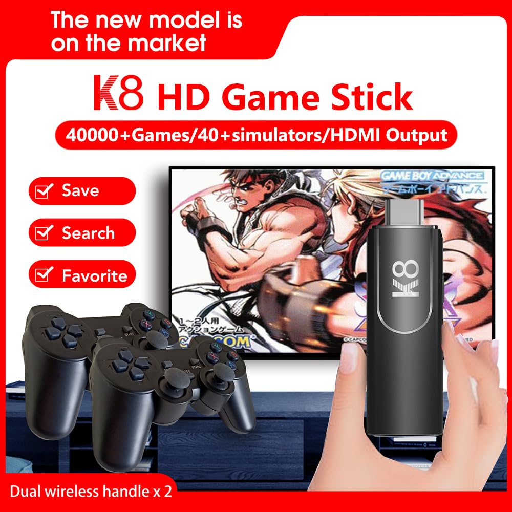 FYURI K8 Plug & Play 4K HDMI TV Gaming Retro Console Game Stick with 40,000+ Classic Games Preloaded Emulator System with 2 Wireless Controllers, Multiplayer Video Game System for Kids & Adults 1