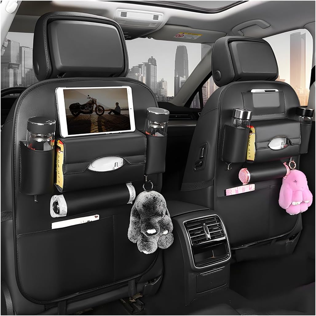 2PCS Car Seatback Organizer, Waterproof Leather Seat Back Storage with Cup Holder Tissue Holder Multiple Pockets, Back Seat Protector Kick Mats for Kids, Travel Accessories (Black)