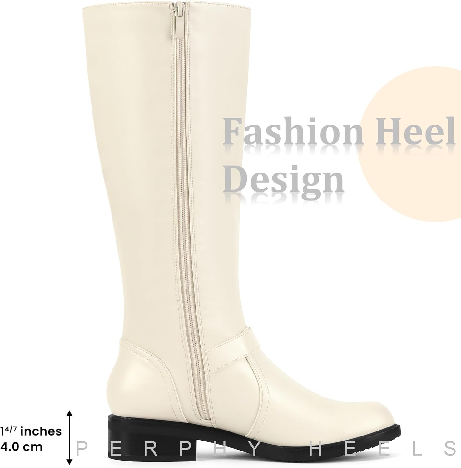 Perphy Knee High Boots Side Zipper Chunky Low Heel Buckles Riding Boots for Women