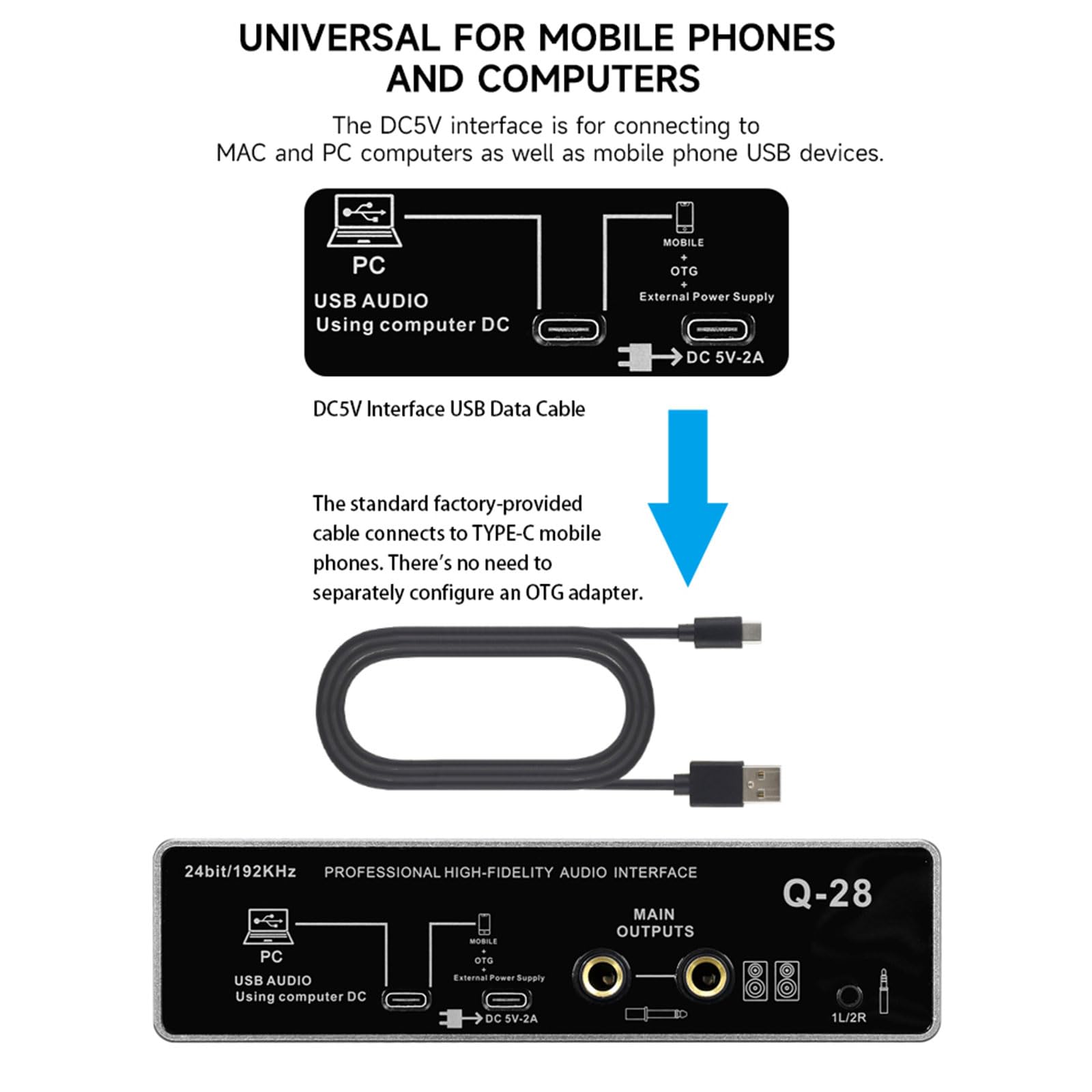 Interfaces de música USB no necesarias, tarjeta de sonido de metal, equipo de estudio profesional, tarjeta de sonido de 24 bits/192 kHz