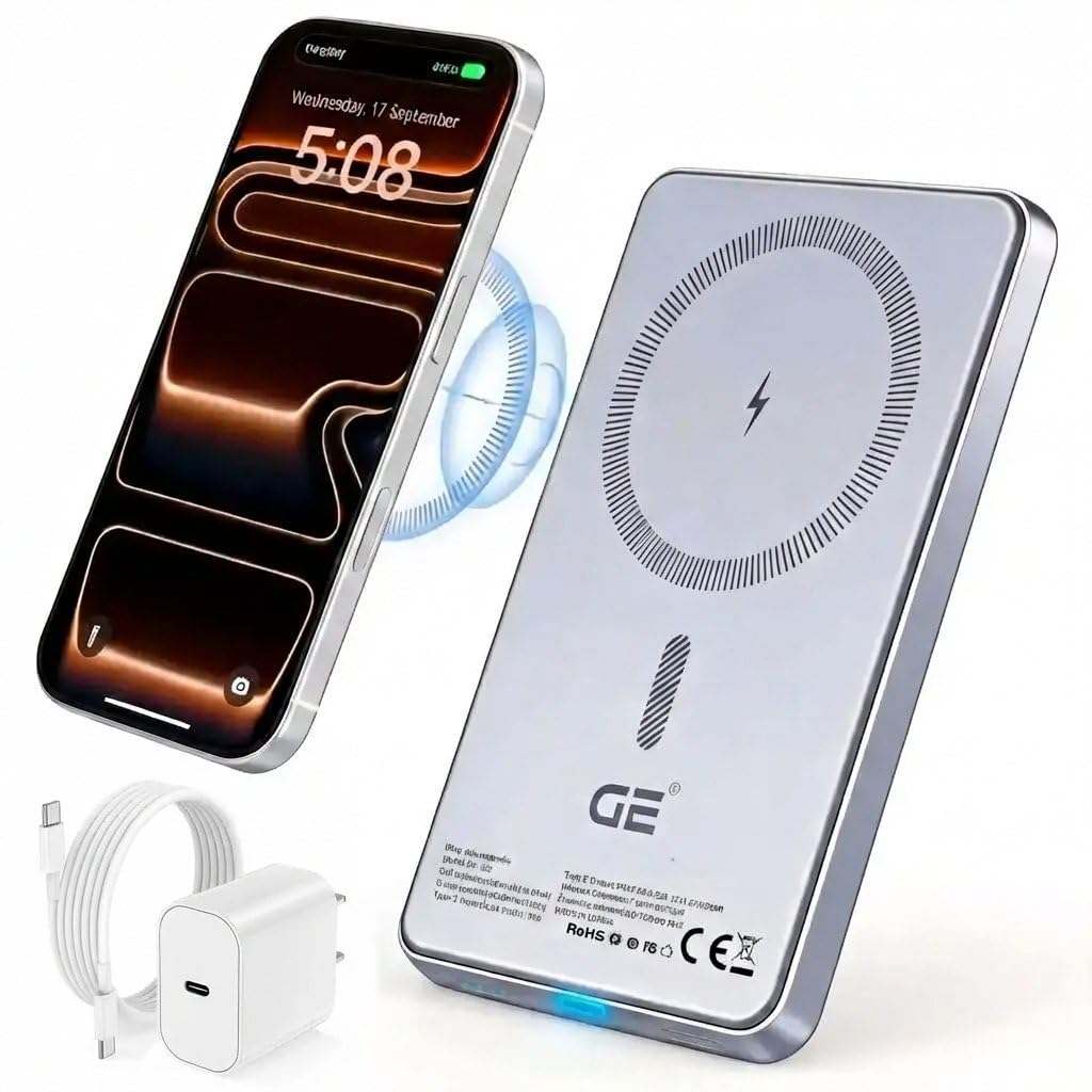 GE® Premium UltraSlim Qi MagSafe‑Compatible 20W Wireless Fast Charger Power Bank – 5000mAh | USB‑C Charging Kit Included | Magnetic Portable Charger for iPhone 12–17 Series | OEM | New 2026