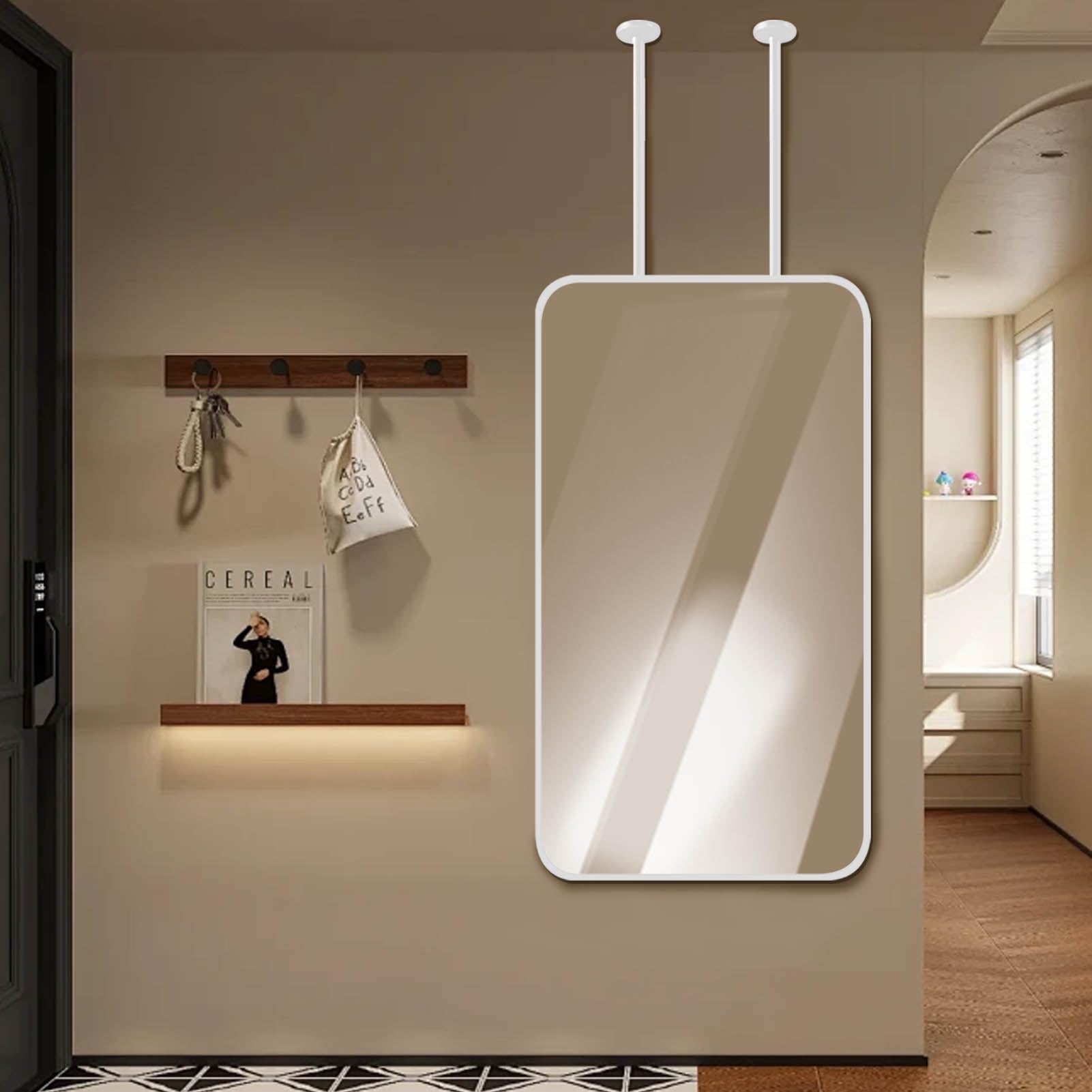 ITOSUI White Metal Framed Hanging Mirror Living Room Dressing Room Mirrors with Ceiling-Mounted Double Booms - Rectangular Mirror(50cmx70cm)