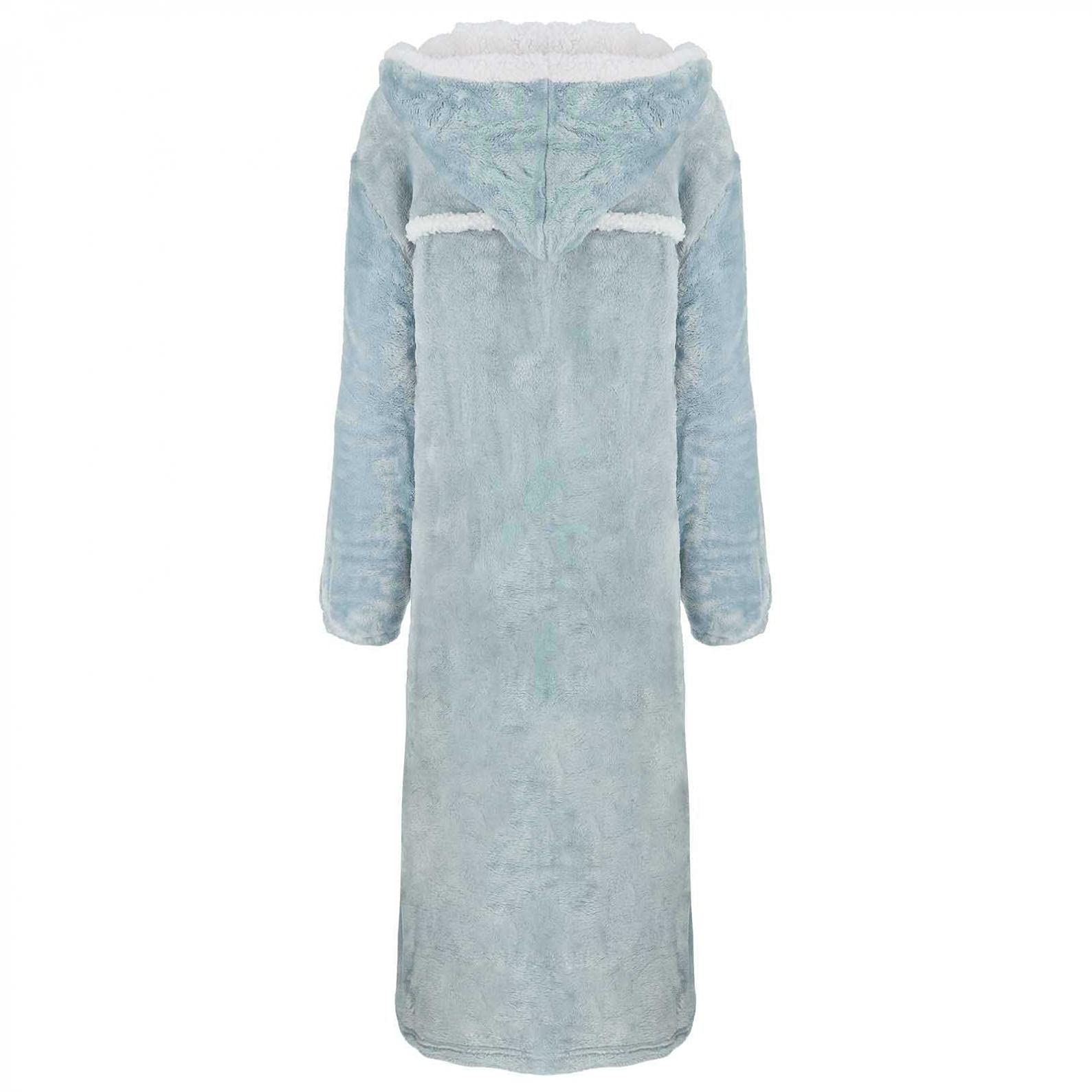 IQYU Albornoz de mujer con cierre de cremallera, bata de rizo para mujer, largo, mullida, de algodón, cálido, de rizo, de manga larga, para sauna, Ablau., XL