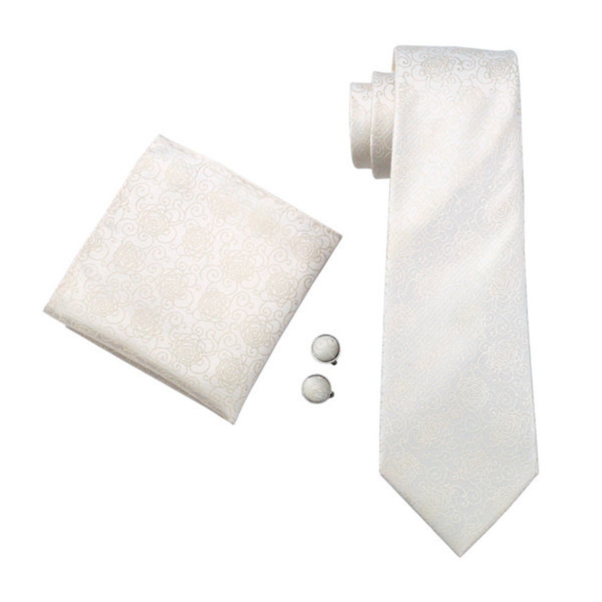 Jenson Samuel Men's Ivory Paisley Formal 100% Silk Neck Tie, Pocket Square Cufflink Set Wedding (Ivory Paisley)