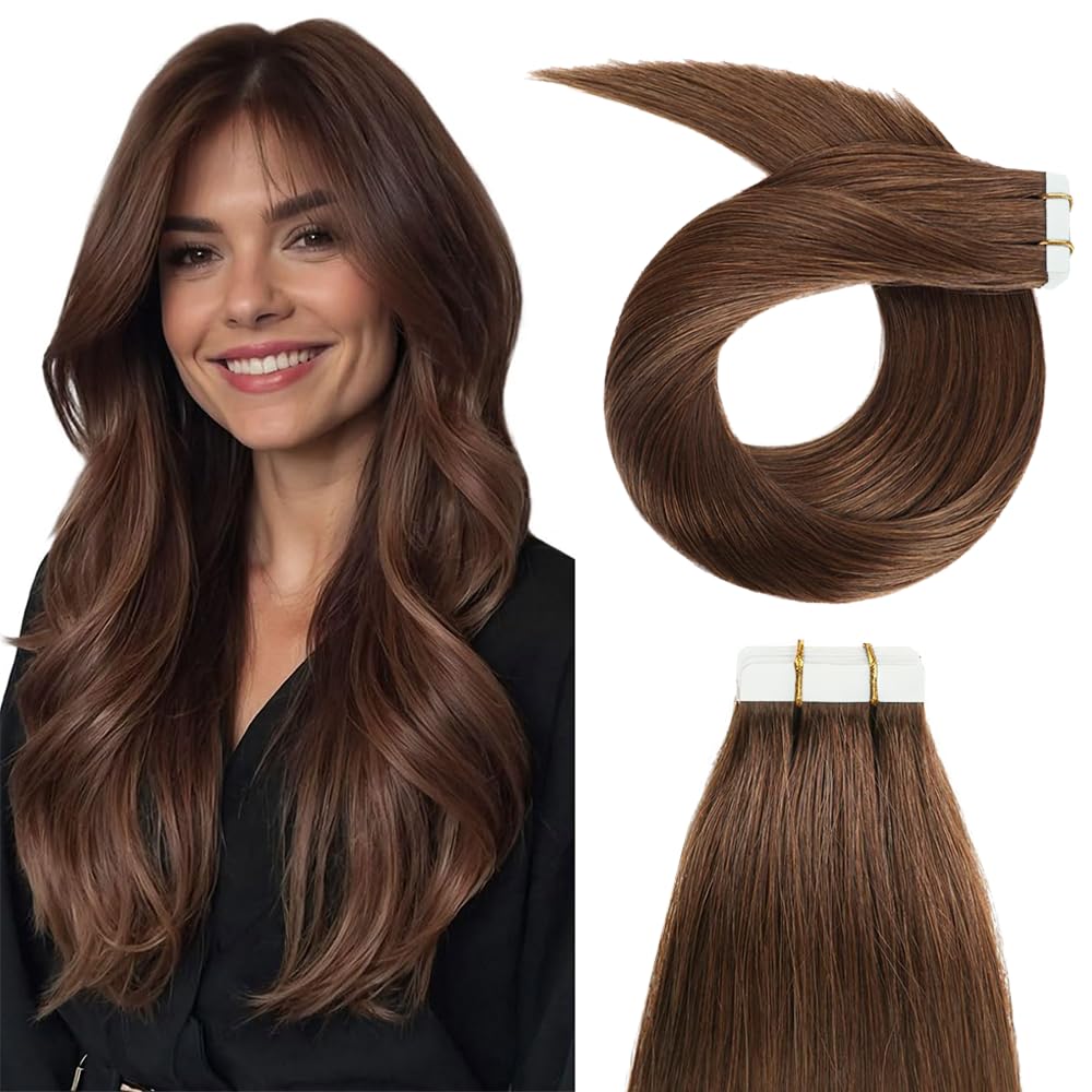 Photo 1 of **MISSING SOME**24 Inch #4 Brown Tape in Extensions Human Hair Chocolate Brown Straight Tape in Seamless Extensions Dark Brown Hair Skin Weft Seamless Invisible Remy Hair 50g 20Pcs.