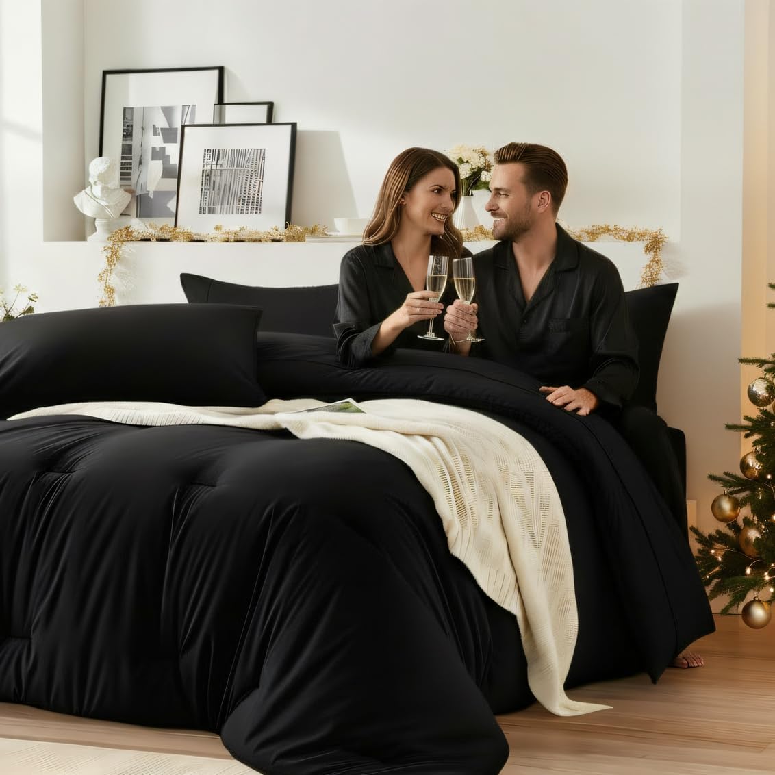Queen Comforter Set 7 Piece - Black Soft Bed in a Bag Queen Size Comforter Sets, Cozy Luxury Bedding Sets with Down Alternative Comforter, Flat Sheet, Fitted Sheet, 2 Pillowcases & 2 Shams - Image 9
