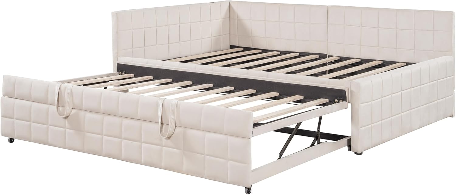Full Size Daybed with Twin Size Pop Up Trundle, Upholstered L-Shaped Daybed Frame with USB Ports, Full Size Corner Bed Frame for Bedroom, Living Room & Guest Room, No Box Spring Needed, Beige
