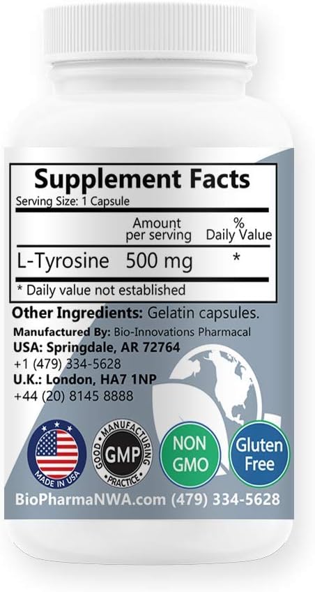 Bio-Innovations Pharmacal L-Tyrosine 500 mg Amino Acid for Sleep, Thyroid Support, Memory Cognitive Health, Metabolism, Supports Optimal Adrenal Function, Supports Healthy Stress Response 90 Capsules
