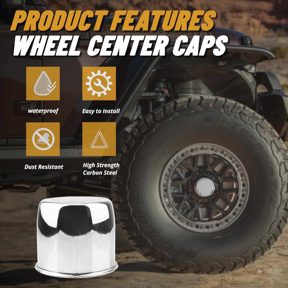 4Pcs 4.25 in Wheel Center Caps Chrome Push Through Design - Fit 4.25" Center Bore for Truck, Trailer, SUV, RV Wheels Rims 3.66" Height Center Hub Caps