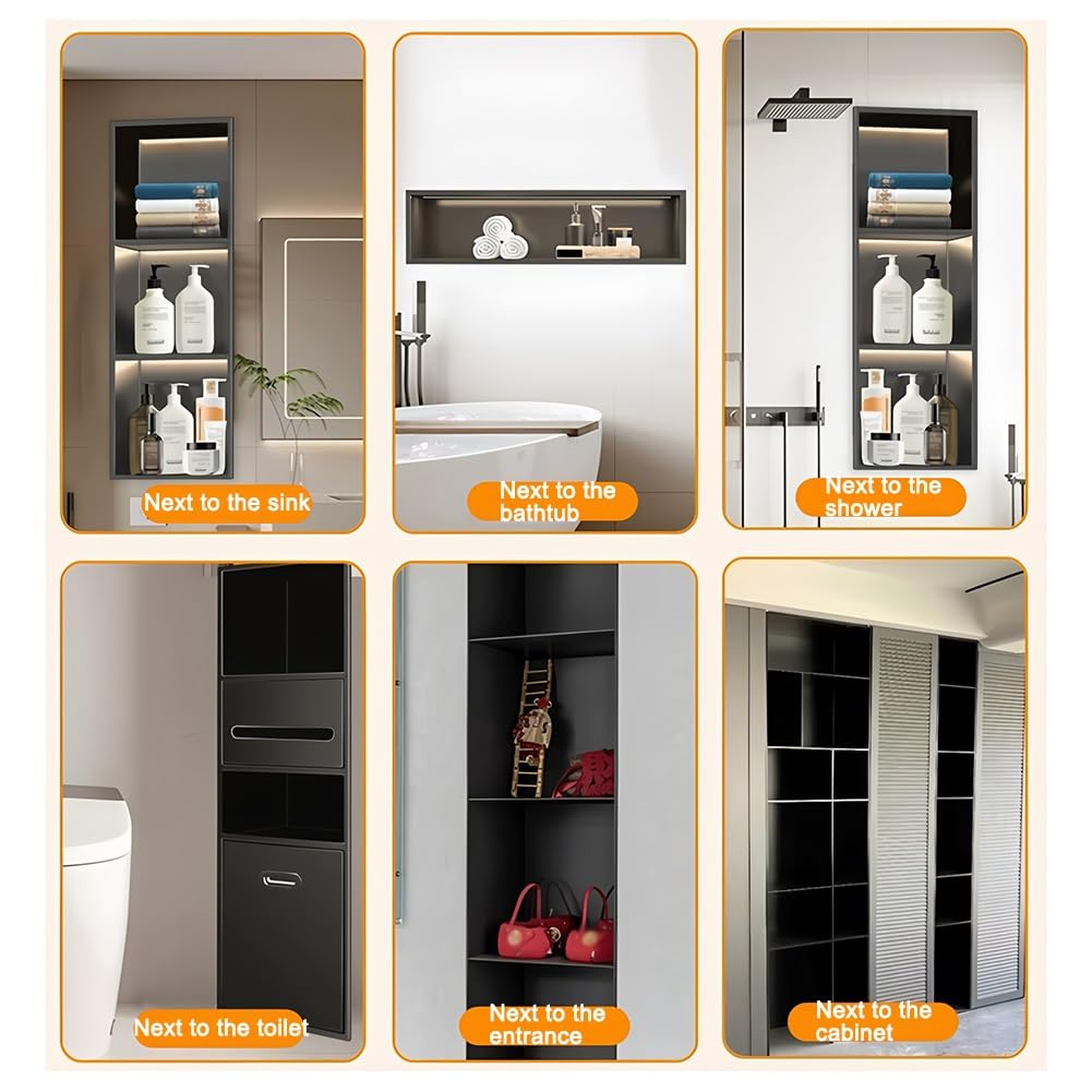 inless Stahl-Dusche mit LED-Licht, wasserdicht, versenktes Wandregal für Badezimmer, keine Fliesen erforderlich, horizontales Design (Weiß, 720 x 320 x 125 mm)