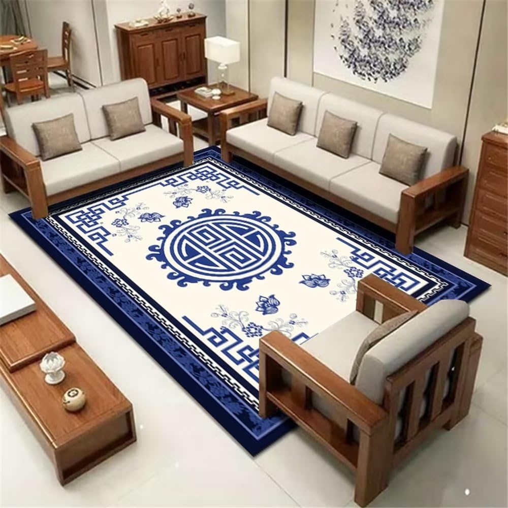 Tapis bleu foncé géométrique lavable pour salon élégant et moderne
