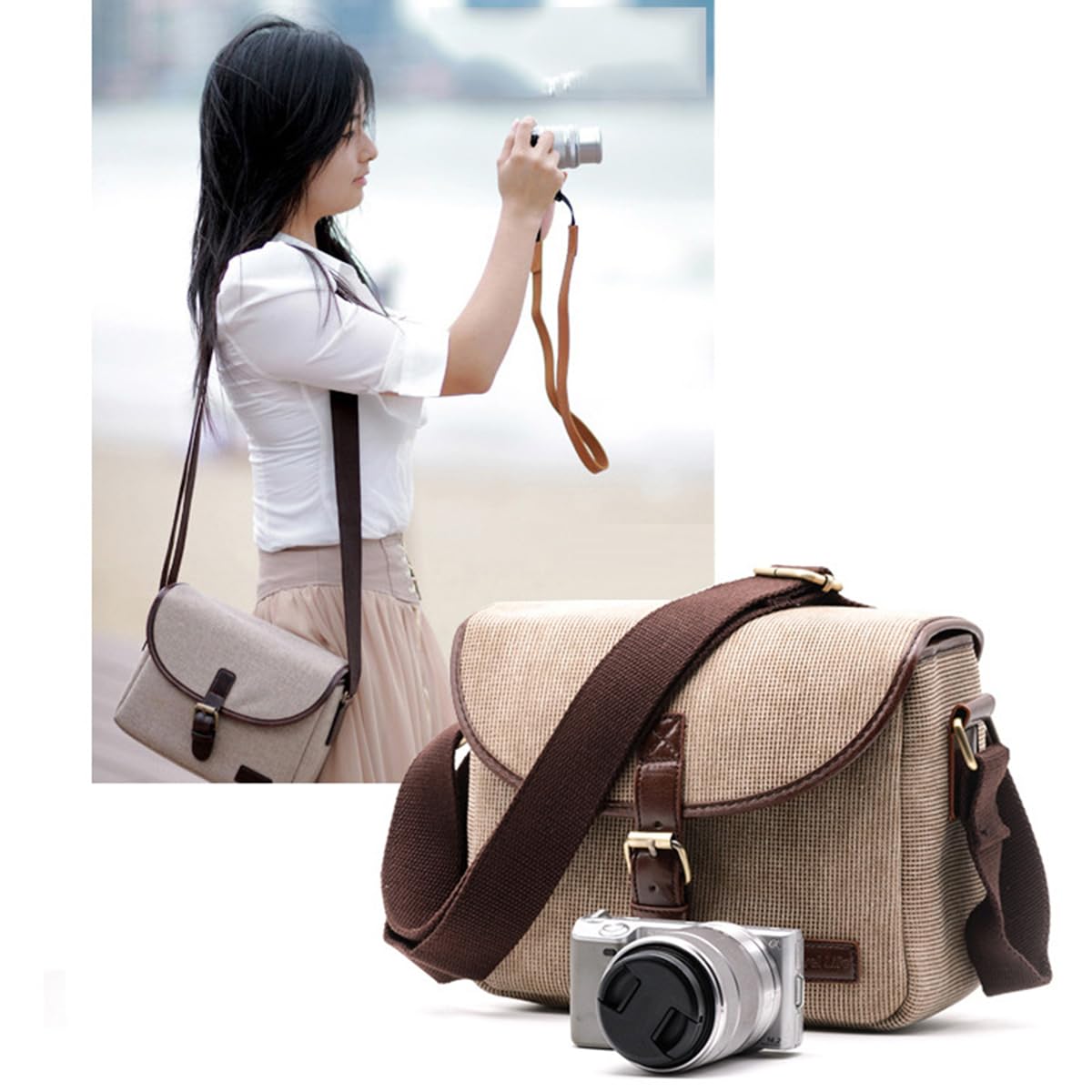 Sacoche pour Appareil Photo SLR Sacoche étanche et Antichoc pour Appareil Photo DSLR Sacoche pour Appareil Photo à bandoulière Unique, Kaki
