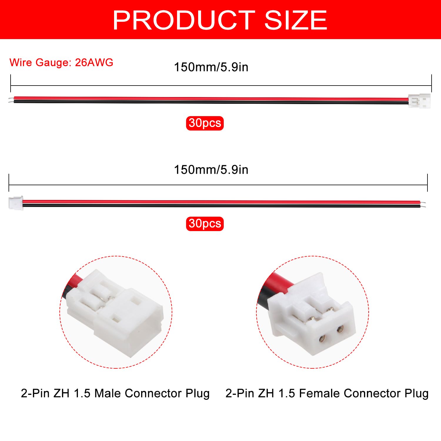 30 Paar JST 1.5 ZH 2 Pin Steckverbinder, Mini Micro JST ZH 2-Polige Buchse und Stecker mit 150mm 26AWG Kabeldraht (Rot Schwarz) - 3