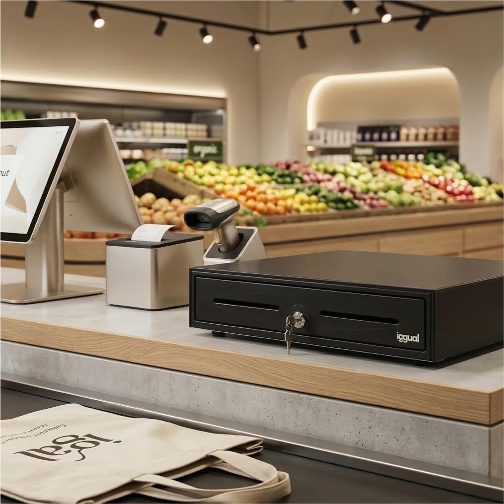 iggual -Tiroir-Caisse IRON-70 - Caisse Enregistreuse Manuelle ou Automatique pour 5 Billets et 8 Pièces - Serrure à 3 Positions - Matériau Acier+Plastique - Usage Professionnel -Noir (44,5 x 42,5 x 9)