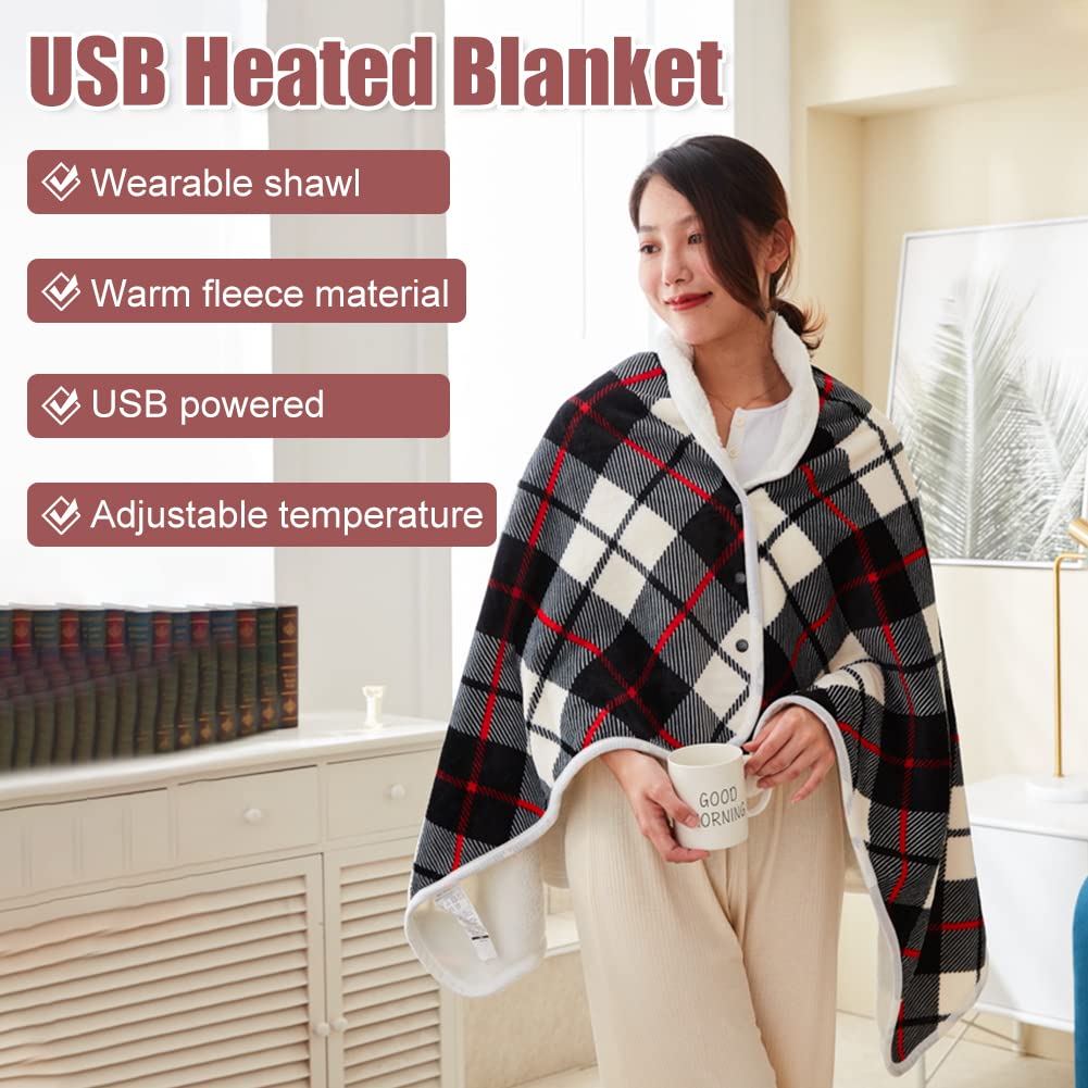 Couverture chauffante électrique USB à carreaux en polaire avec fermeture à pression,Poncho confortable pour la maison, le bureau, les voyages, 3 réglages de température et minuterie (140x80 cm)