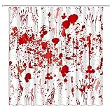 GCTNBJL Happy Halloween Shower Curtain Scary Bloody Handprint Splatter Splashes Fuzzy Gothic Mysterious Terror Bathroom Curtain with Hooks,Red