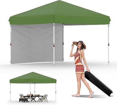 10X10 Pop Up Canopy Tent with 1 Sidewall,Portable Shelter Canopy with One Push Setup for Events, Parties, Camping,UPF 50+ All Weather Waterproof, 4 Ropes, 4 Weight Bags