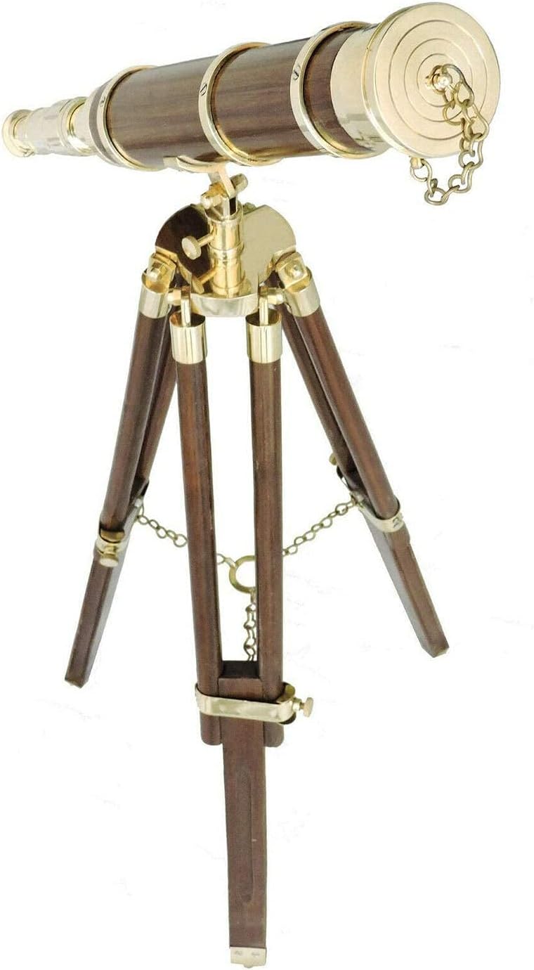 Nautical Antique 18" Brass Wood Spyglass Telescope with Wooden Tripod Marine Scope