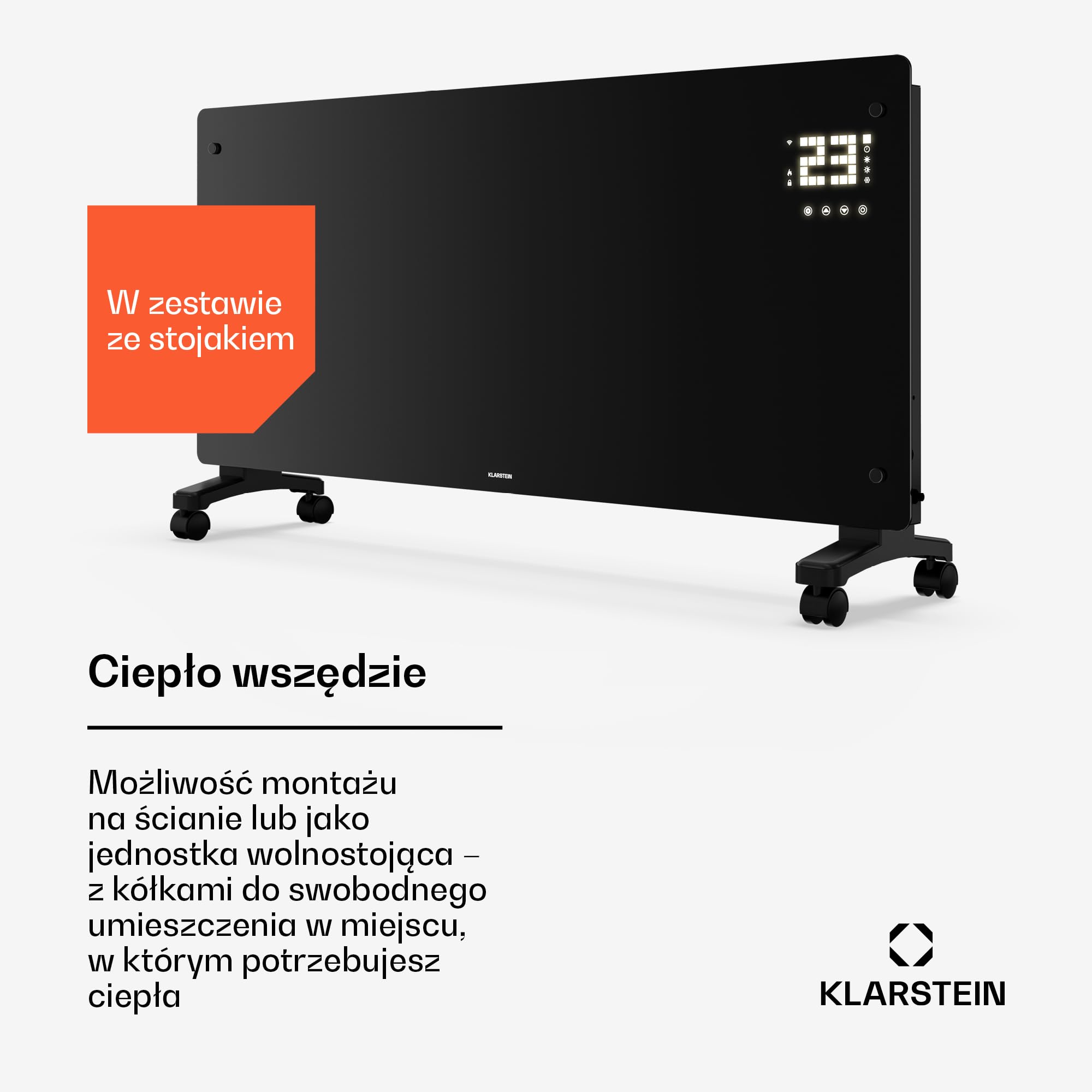 Klarstein Bornholm Konwektor Grzewczy 3000W, urządzenie stojące i montaż na ścianie, ciche, termostat, timer, aplikacja i pilot, blokada dziecięca, grzejnik elektryczny do pomieszczeń do 30m², czarny