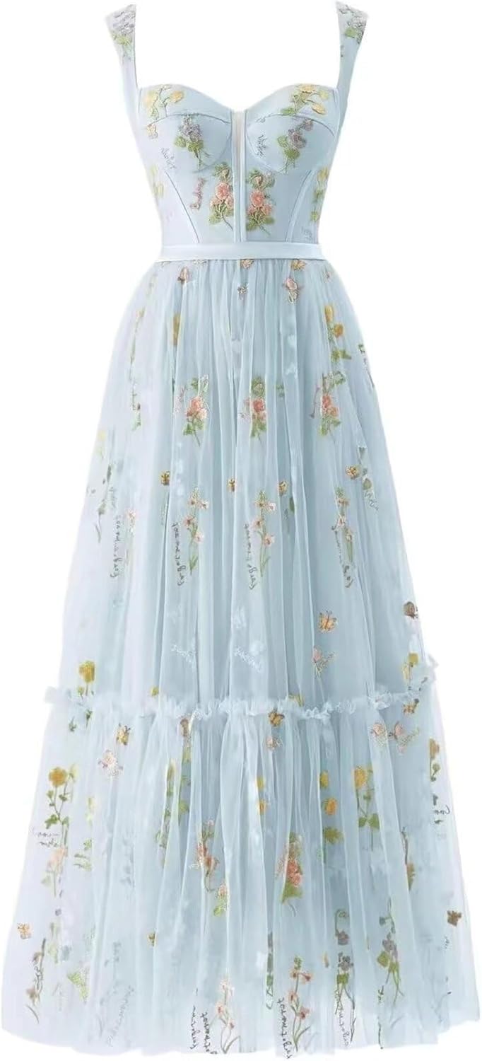 Maxianever Flower Embroidery Prom Dresses for Women Tulle Tea Length Corset A Line Formal Evening Party Gowns