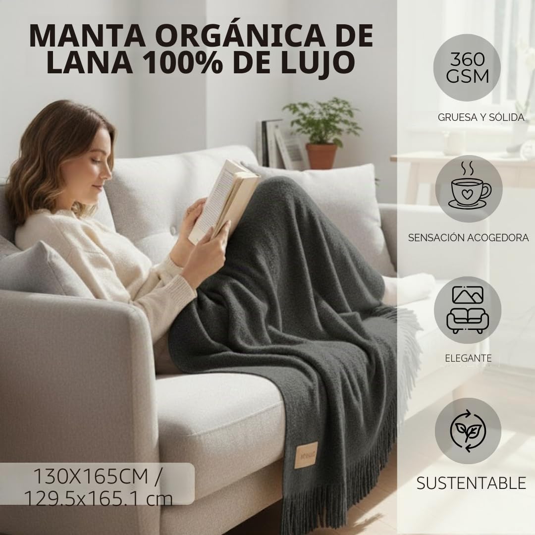 Menique Manta 100% Lana Merino Milan 125x180 cm Gris Oscuro, Gruesa A Cuadros Extra Fina Para Otoño