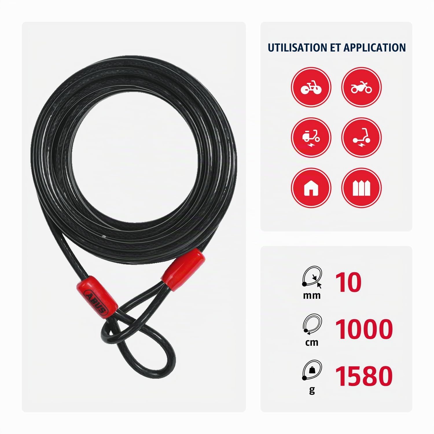 ABUS Câble en boucle Cobra 10 - Câble en acier gainé de plastique - Sécurité pour les accessoires de vélo et de moto - 10 mètres de long, 10 mm d'épaisseur