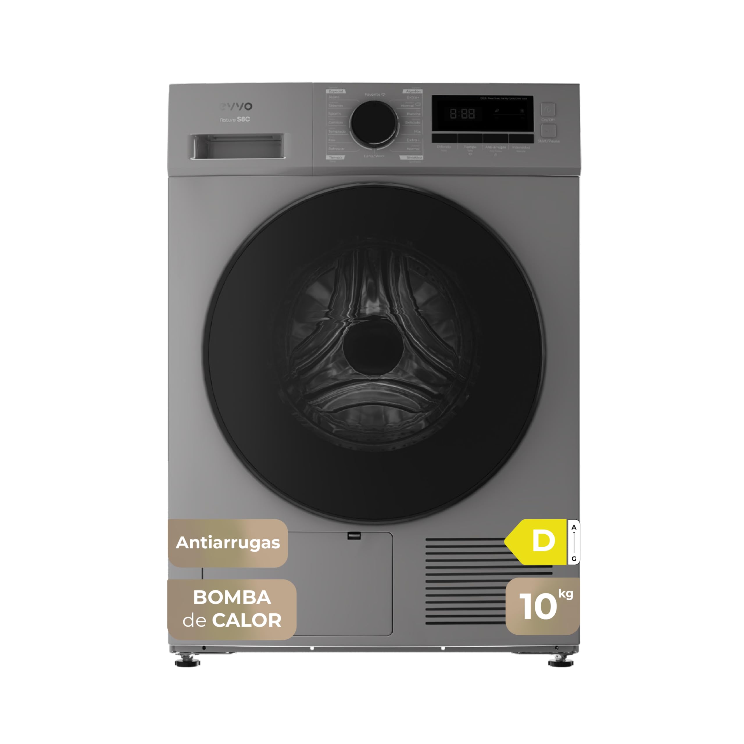EVVO Heat Pump Dryer 10 kg S10X, Energy Efficiency Class D, Airfresh, Moisture Sensor, Anti-wrinkle, Delayed Start, 16 Programs, Cold Air, Easy Installation, Stainless Steel