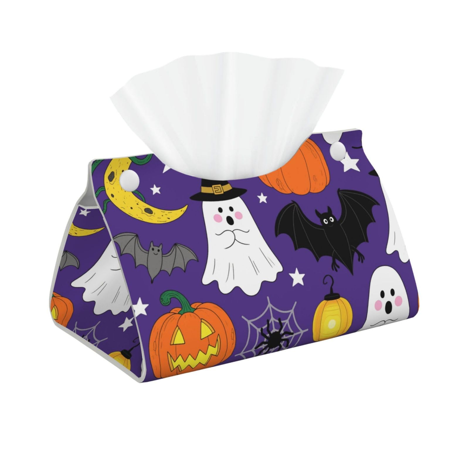 Pu Leather Tissue Box Cover, Ghost Pumpkin Moon Bat Spider Web Rectangle Tissue Case Covers Decorative Tissue Box Holder Waterproof Tissue Holder Organizer for Bathroom Home Office