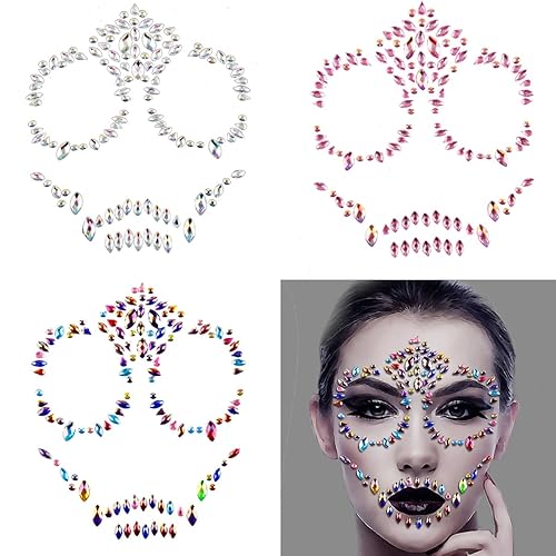 Paquete de 3 gemas de calavera de azúcar, joyas para el Día de los Muertos, tatuajes temporales, calcomanías de diamantes de imitación con purpurina