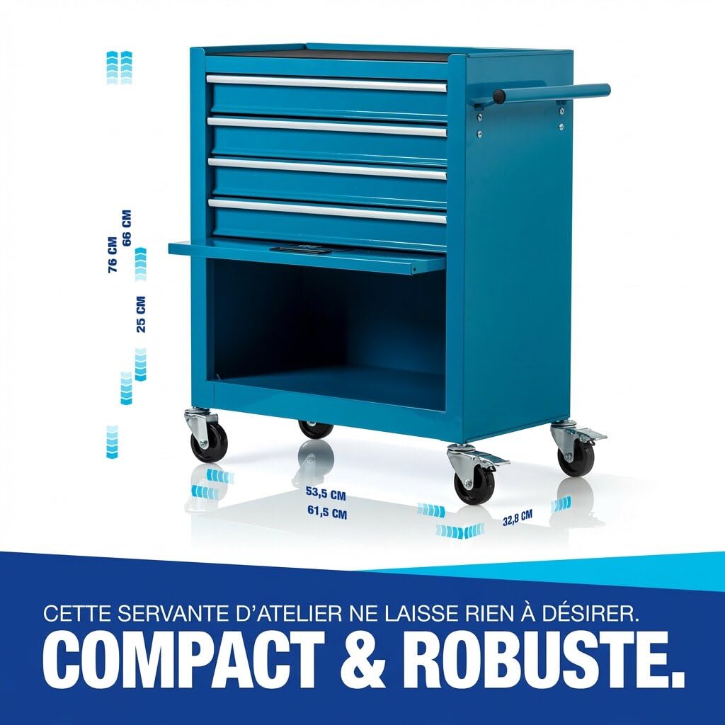 NTG Chariot d'atelier avec Outils 70 pièces - 4 tiroirs + Grand Compartiment - tiroirs sur roulements à Billes - sécurité de Transport - 2 roulettes avec Frein de stationnement - Chariot à Outils