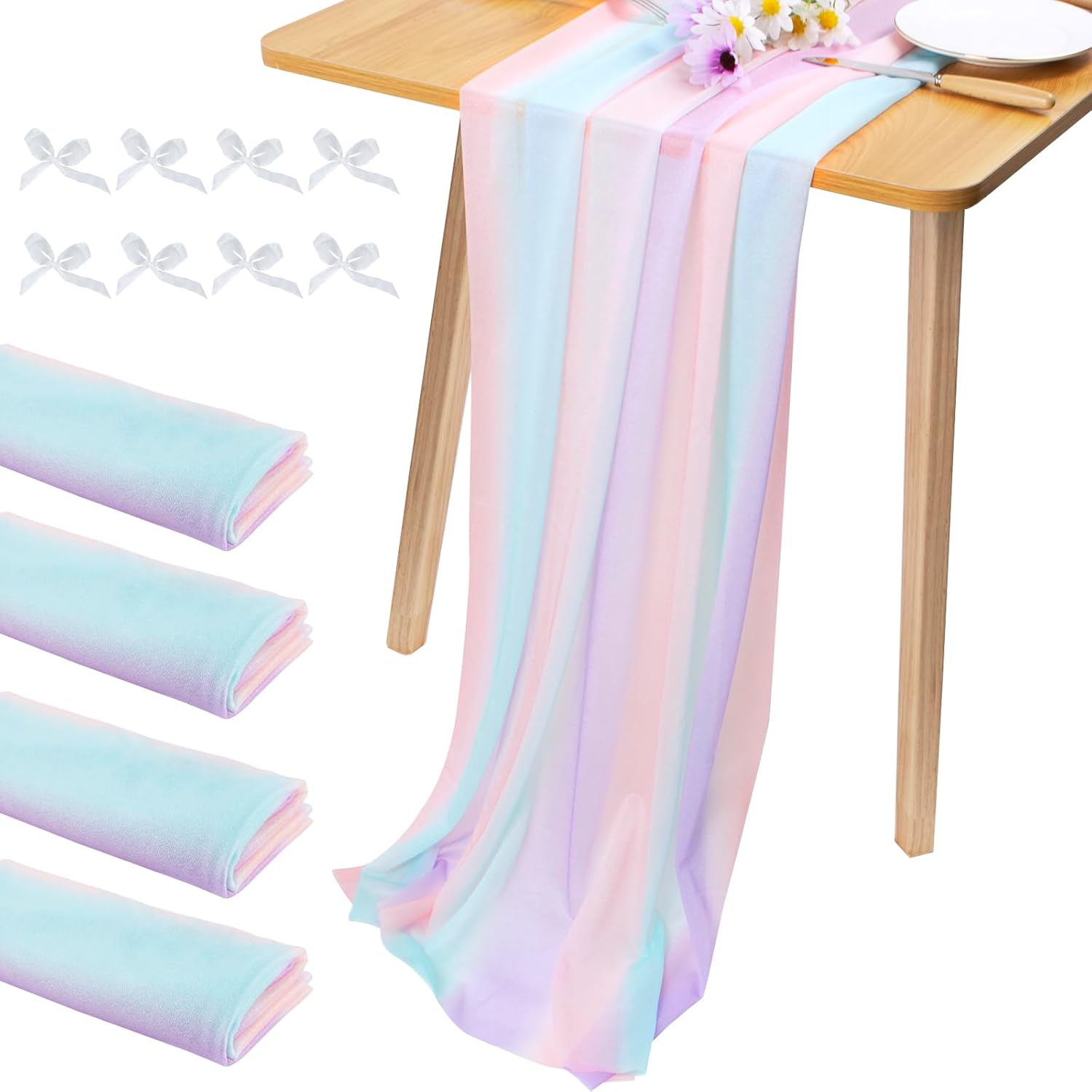 JeogYong 4 Pcs Colorful Chiffon Table Runner 30 x 71 Inch Sheer Table Runner Tulle Rainbow Table Runner for Wedding Shower Decorations, Bridal Shower, Garden Party Decorations (Iridescent)