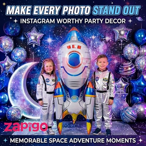 Image of Balloonistics Rocket Self-Standing Large Foil Balloon | Space Theme Birthday Party Decoration | Astronaut Rocket Birthday Balloon | No Helium Needed