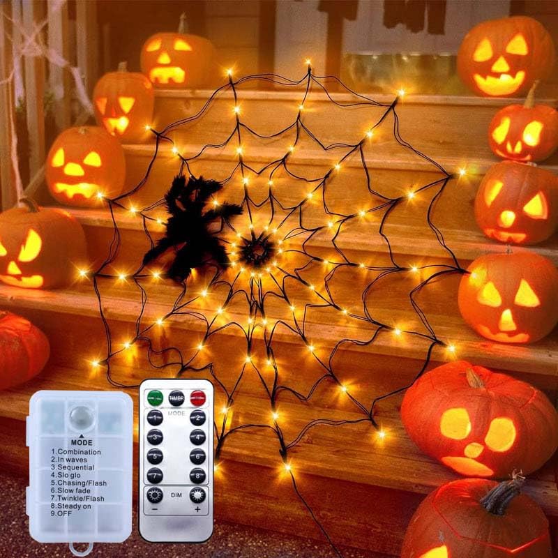 TAPIT Halloween Spider Web Lights Decoration, 70LED Light Up Spider Web with 8 Modes, Remote Control and 1 Black Spider, Spooky Cobwebs for Outdoor Indoor Garden Yard, Haunted Houses (A)