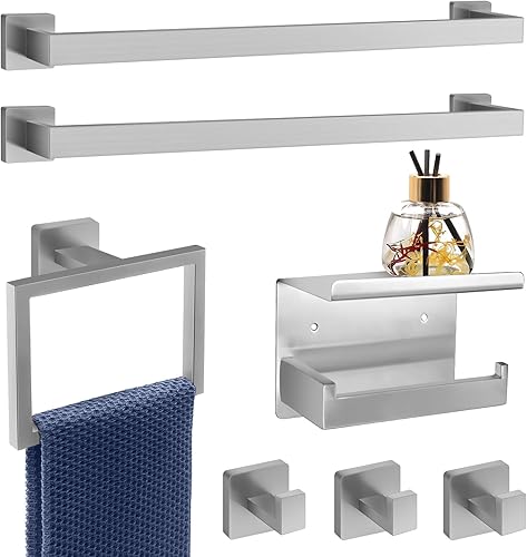 Dorudon atrox Juego de 7 piezas de herrajes de baño de níquel cepillado con toallero, 2 barras de toalla cuadradas de 23 pulgadas y accesorios de