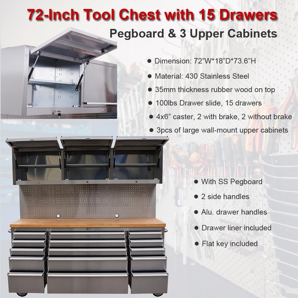 72-Inch Stainless Steel Rolling Tool Chest with 15 Drawers + 3 Upper Cabinets, Mobile Workbench, Assembled Large Tool Box Lockable Storage Cabinet with Wheels for Garage Workshop