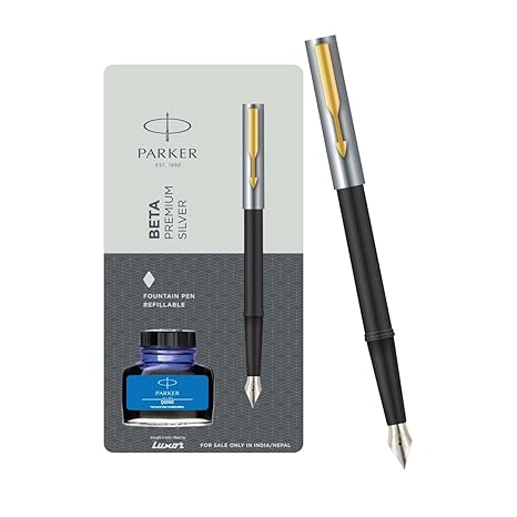 Parker Beta Premium Gold Trim Fountain Pen with Quink Blue Ink Bottle (30 ML) | Unique Gift for Employees | Leading Pen for Corporate