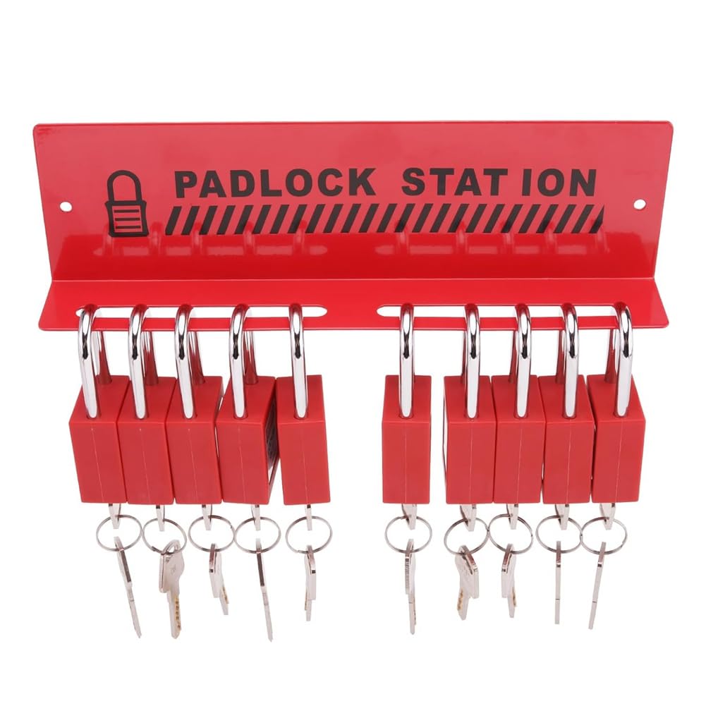 Lockout Tagout Station con 10 diversi lucchetti di sicurezza con chiave, 2 cerniere e 10 etichette di blocco, serrature in ferro rack
