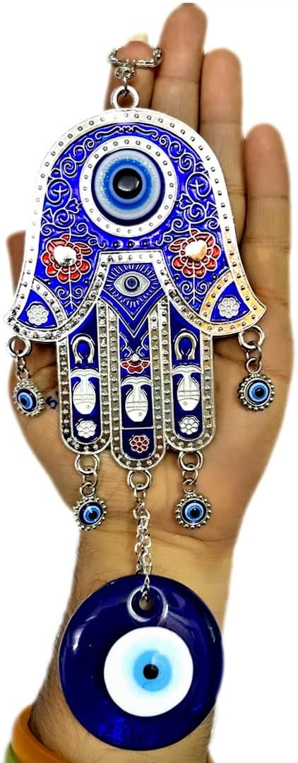 Metal Blue Evil Eye Nazar Battu With Big Size Hamsa Palm Design With Big Eye Home Decor Wall Hanging| Hanging For Home Car And Office | Good Luck And Prosperity | Hanging Ornament