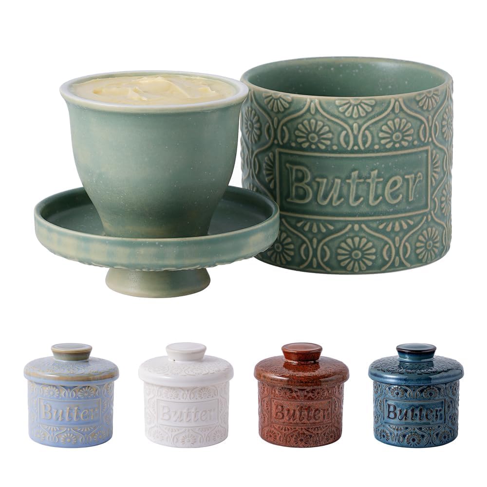 TEATALK Ceramic French Butter Crock - Vintage Relief Pattern Butter Keeper for Countertop with Water Seal, 6.7oz Green Butter Dish for Fresh Spreadable Butter, Farmhouse Kitchen Decor & Gift