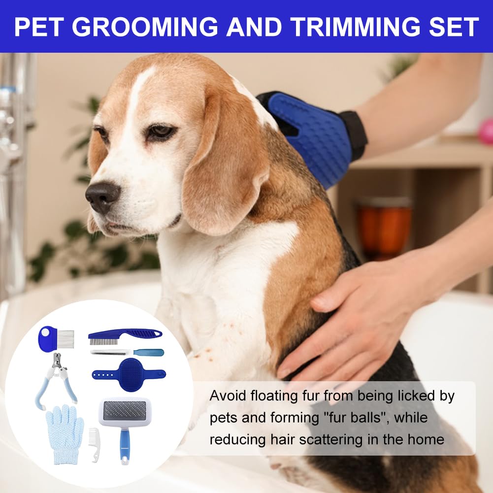 Set de 8 pièces de toilette pour petits animaux domestiques, kit de toilette pour lapins avec brosse à tamis, gant de bain et de massage, peigne à hamster (bleu)