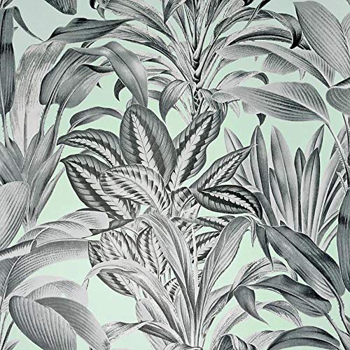 Greenhouse Plants Wallpaper Tropical Jungle Grey Teal Blue