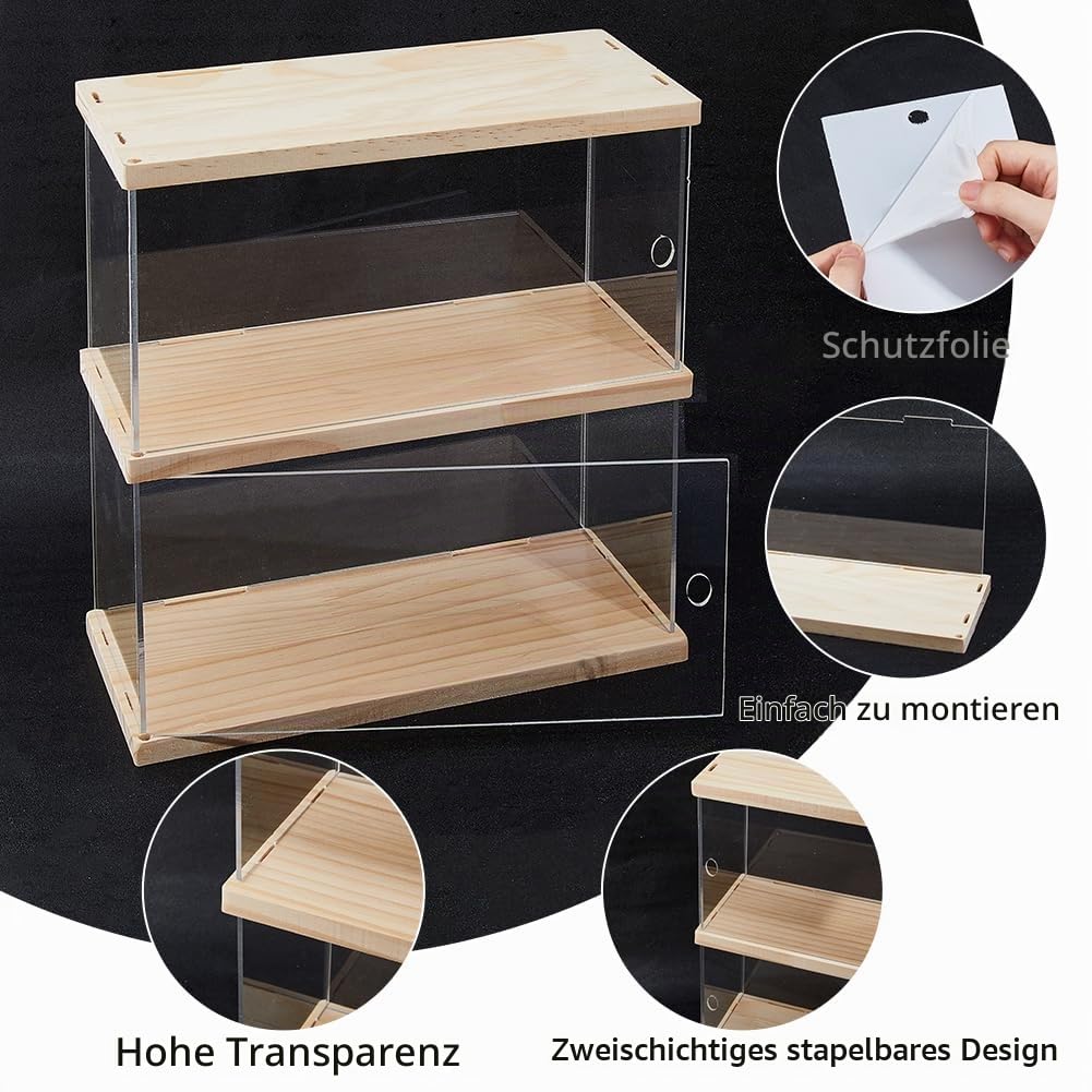 SUPERFINDINGS 2 Stöckige Acryl Vitrine Mit Holzsockel Organizer Box Für Sammlerstücke Transparente Holz Vitrine Aufbewahrungsbox Für Modelle Bausteine Präsentationshalter