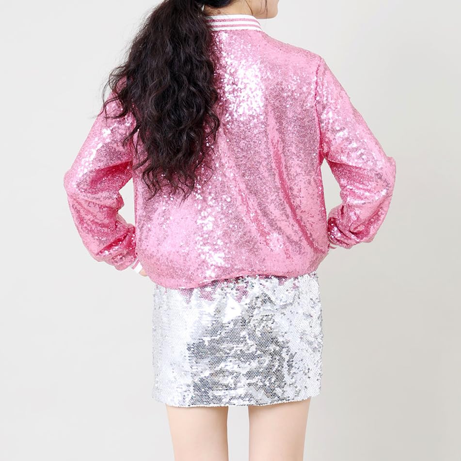 A ARFAR Women Sequin Jackets Striped Collar Glitter Varsity Bomber Sparkly Coat Party Outwear Lightweight Ladies Cloth4