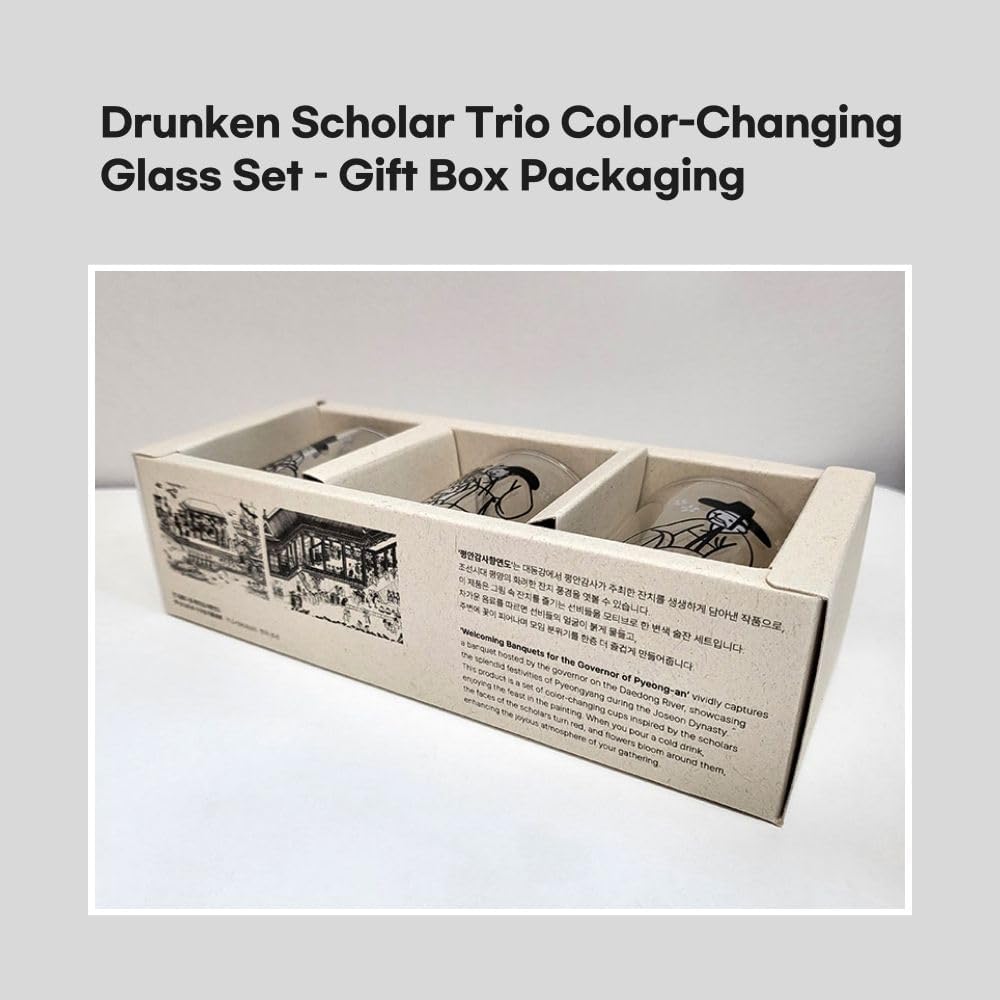 MU:DS Korean Soju Shot Glass Set of 3 – Color Changing Drunken Scholar Design, Traditional Hanbok Characters, Funny Unique Gift for Bar or Party