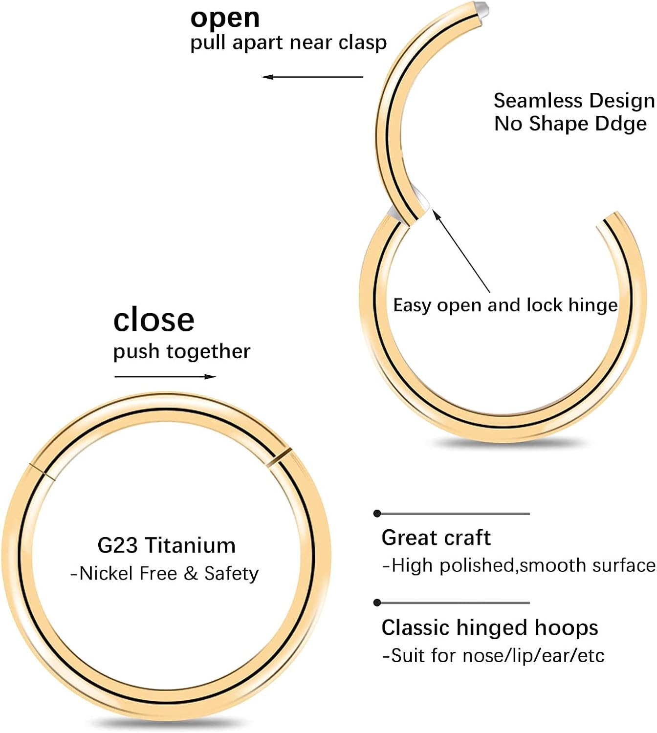 6pcs G23 Titanium Nose Rings Hoop - 20G 18G 16G 14G Diameter 6mm/7mm/8mm/9mm/10mm/11mm/12mm Hinged Segment Ring Gold/Rose Gold/Silver/Black/Pink/Rainbow Body Piercing Rings - Image 3