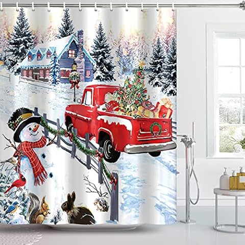 Heopapin Rustic Farmhouse Christmas Shower Curtain Red Vintage Truck Shower Curtain Set Waterproof Xmas Snowman Christmas Tree Holiday Fabric Bathroom Curtain Set with Hooks W70”×H70” Cover