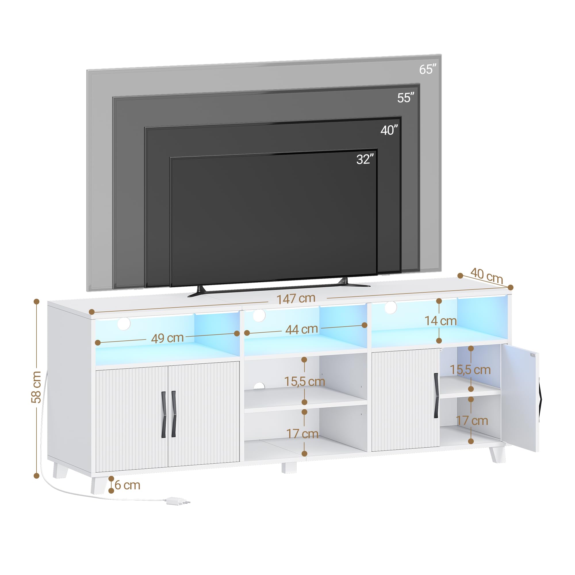 Hzuaneri Meuble TV, 147 cm Blanc, avec Lumières LED Réglables 25 Couleurs