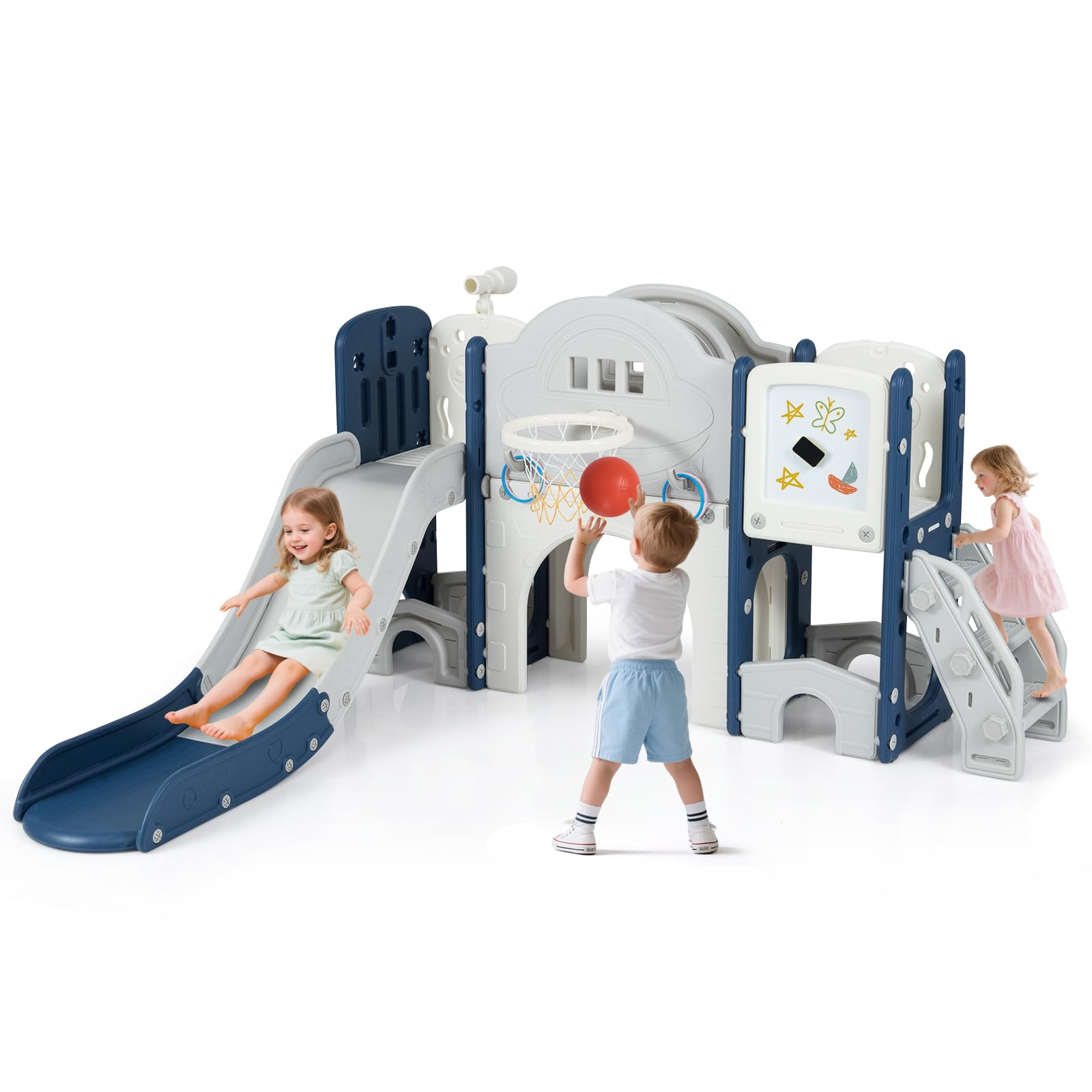 COSTWAY 10 in 1 Set Scivolo per Bambini, Parco Giochi per 18 Mesi+ (Blu) | Scivolo e Arrampicata con Lavagna Magnetica, Telescopio, Lancio ad Anelli, Canestro da Basket, Tunnel